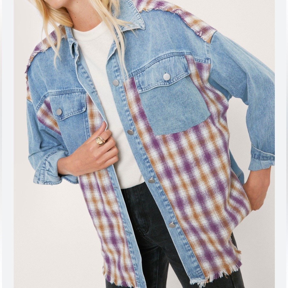 Nasty Gal (L) Plaid Denim Multimedia Relaxed Fit Shacket Shirt Button Down Top